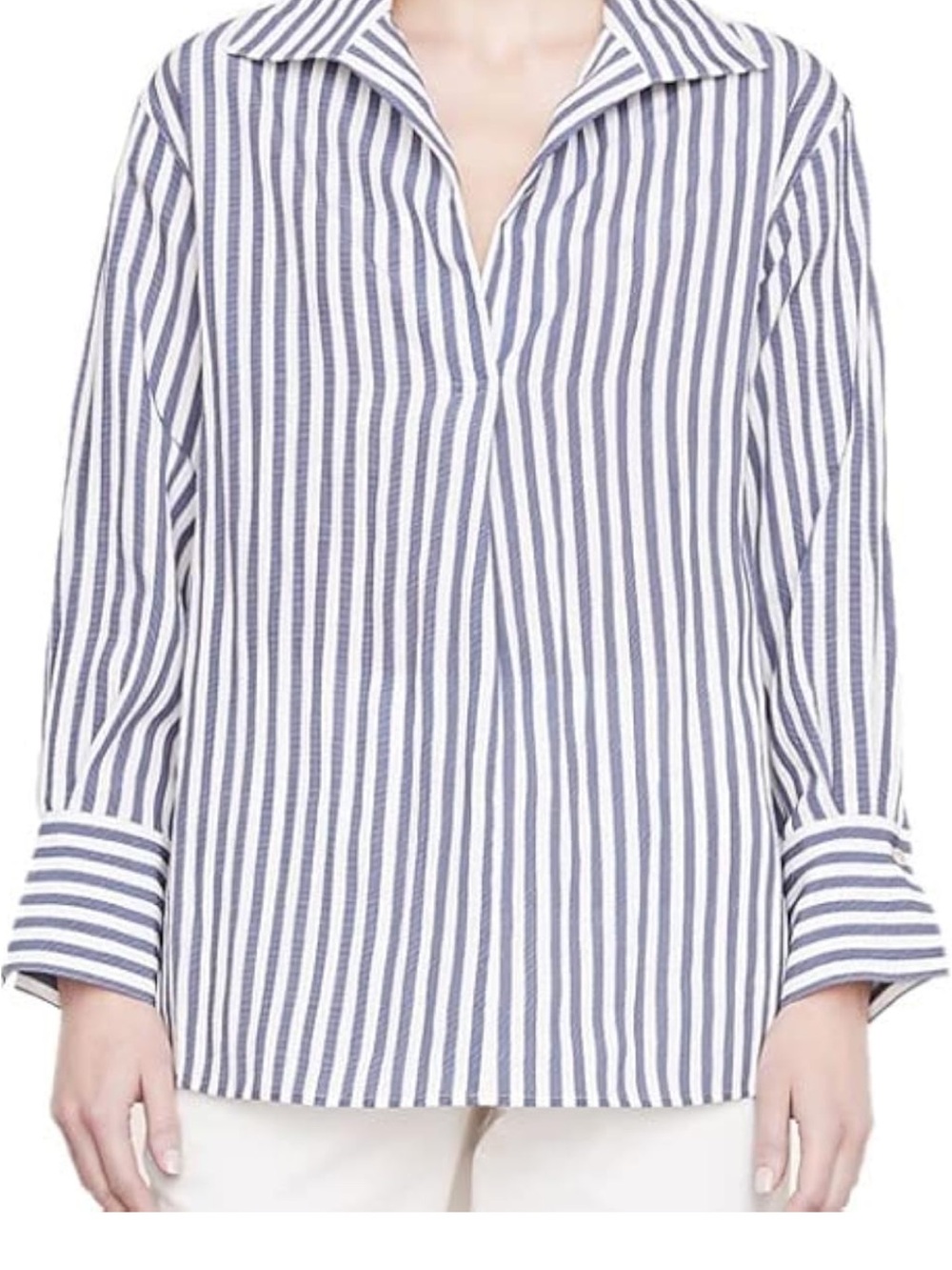 Vince Striped Collar V-Neck Long-Sleeve Top - Blue/White